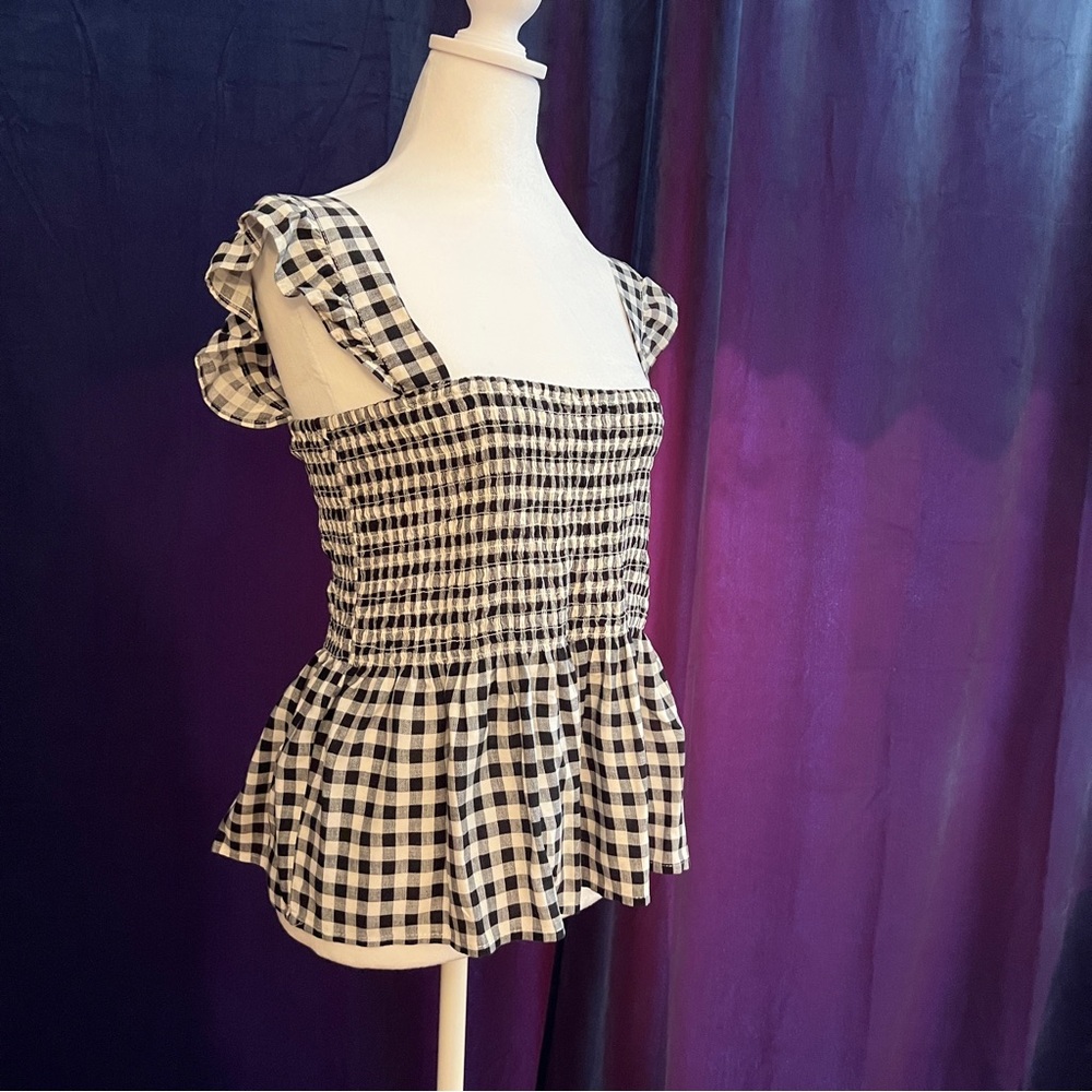 Black and White Gingham Ruffle Sleeve Smocked Blouse
